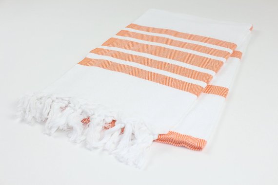 Premium Turkish Herringbone Striped Towel Peshtemal Fouta (White & Orange)