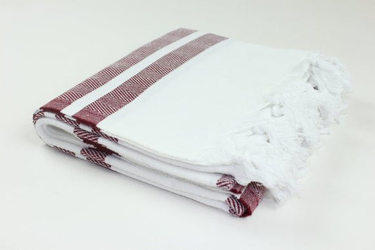 Premium Turkish Herringbone Striped Towel Peshtemal Fouta (White & Dark Burgundy)