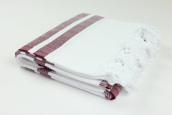 Premium Turkish Herringbone Striped Towel Peshtemal Fouta (White & Burgundy)