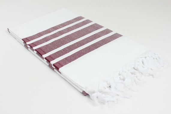 Premium Turkish Herringbone Striped Towel Peshtemal Fouta (White & Burgundy)