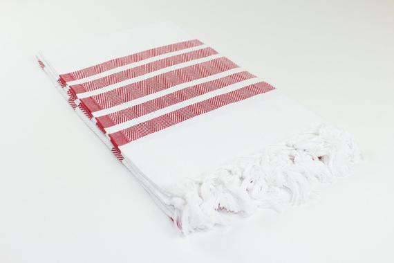 Premium Turkish Herringbone Striped Towel Peshtemal Fouta (White & Red)