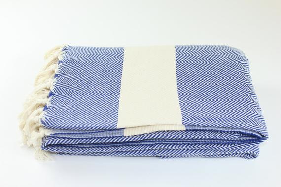 Premium Turkish Herringbone Blanket Throw (Navy Blue)