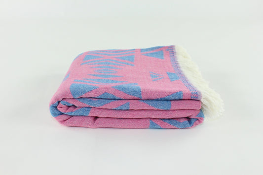 Premium Turkish Double Layer Kilim Towel Peshtemal Fouta (Pink & Blue)
