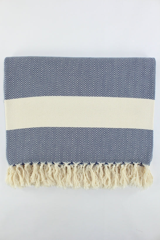 Premium Turkish Herringbone Blanket Throw (Dark Navy Blue)