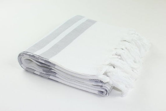 Premium Turkish Herringbone Striped Towel Peshtemal Fouta (White & Gray)