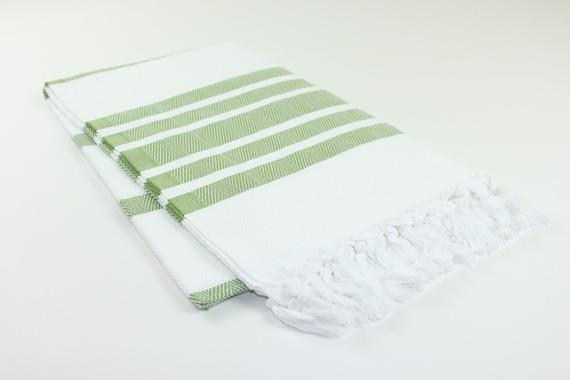 Premium Turkish Herringbone Striped Towel Peshtemal Fouta (White & Khaki Green)