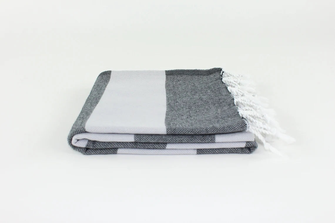 Premium Turkish Wide Stripe Towel Peshtemal Fouta (Black & Gray)