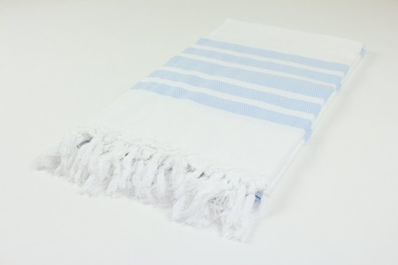 Premium Turkish Herringbone Striped Towel Peshtemal Fouta (White & Light Blue)