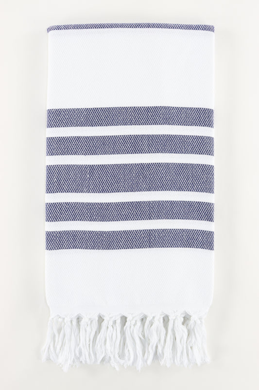 Premium Turkish Herringbone Striped Towel Peshtemal Fouta (White & Dark Navy Blue)