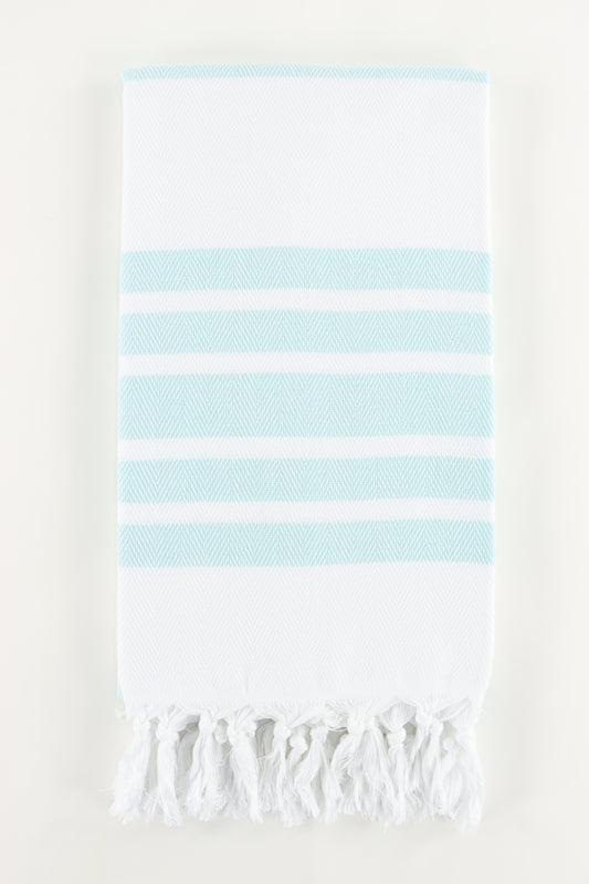 Premium Turkish Herringbone Striped Towel Peshtemal Fouta (White & Light Turquoise)