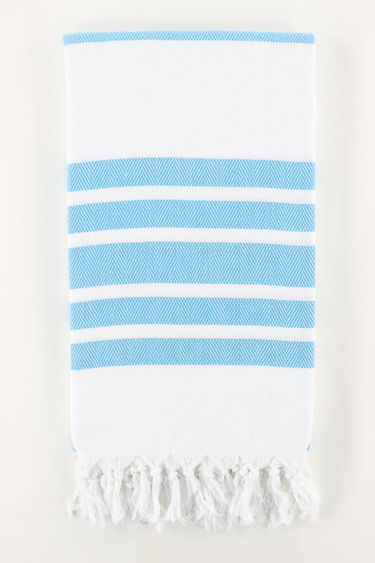 Premium Turkish Herringbone Striped Towel Peshtemal Fouta (White & Turquoise Blue)