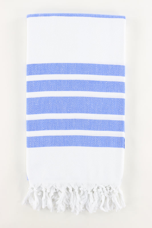 Premium Turkish Herringbone Striped Towel Peshtemal Fouta (White & Royal Blue)