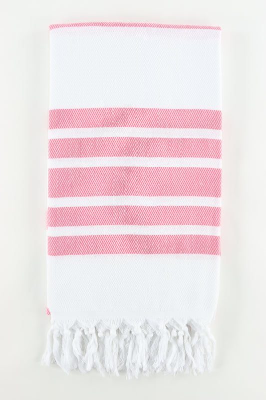 Premium Turkish Herringbone Striped Towel Peshtemal Fouta (White & Pink)