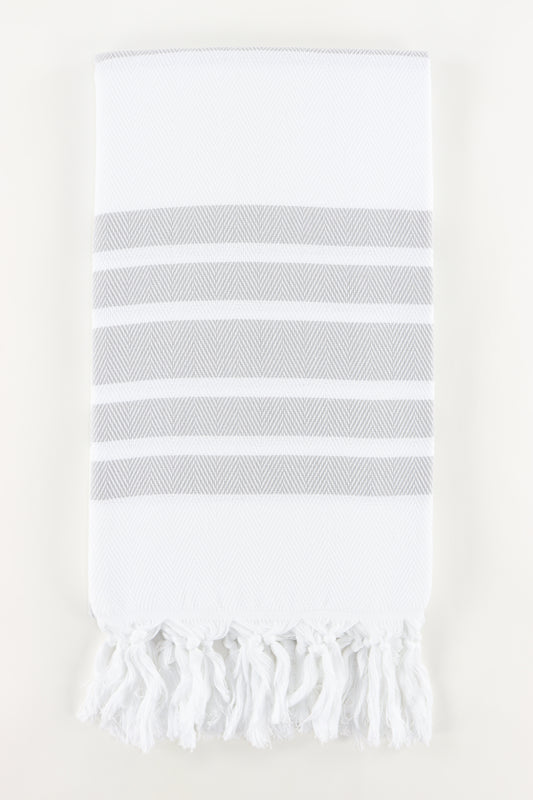 Premium Turkish Herringbone Striped Towel Peshtemal Fouta (White & Gray)