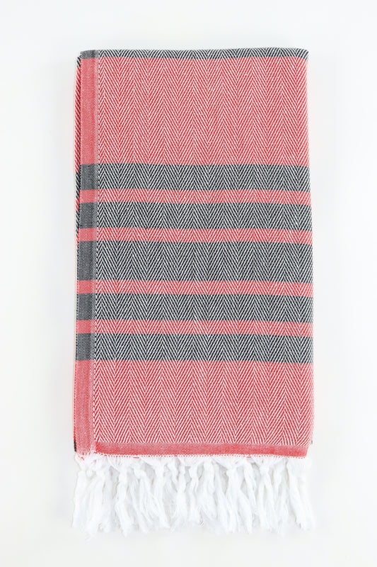 Premium Turkish Herringbone Striped Towel Peshtemal Fouta (Red & Black)