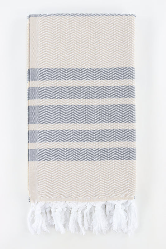 Premium Turkish Herringbone Striped Towel Peshtemal Fouta (Beige & Gray)