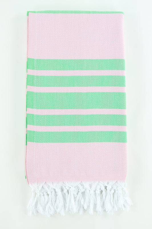 Premium Turkish Herringbone Striped Towel Peshtemal Fouta (Dusty Pink & Benetton Green)