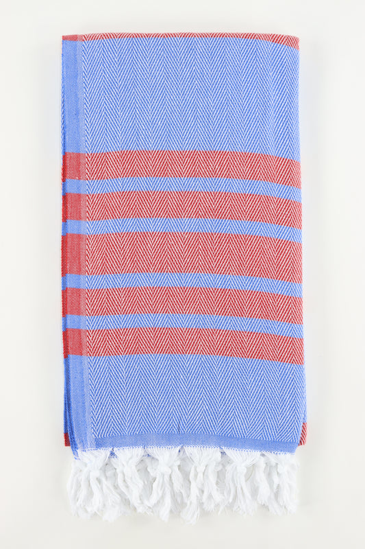 Premium Turkish Herringbone Striped Towel Peshtemal Fouta (Blue & Red)