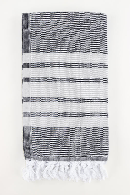 Premium Turkish Herringbone Striped Towel Peshtemal Fouta (Black & Light Gray)