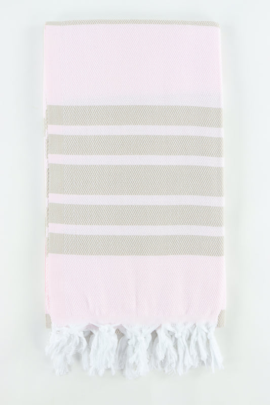 Premium Turkish Herringbone Striped Towel Peshtemal Fouta (Light Pink & Beige)