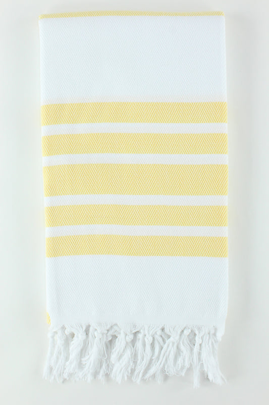 Premium Turkish Herringbone Striped Towel Peshtemal Fouta (White & Yellow)