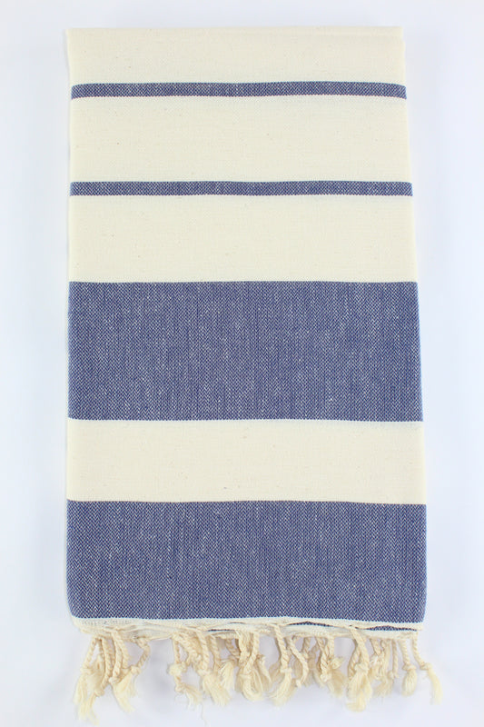 Premium Turkish Wide-Narrow Stripe Towel Peshtemal Fouta (Navy Blue & Ivory)