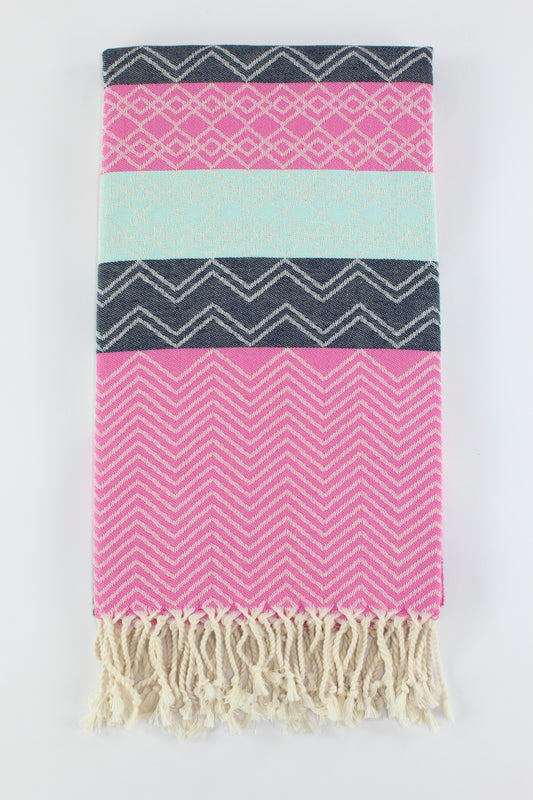 Premium Turkish Chevron Cascade Towel Peshtemal Fouta (Pink-Black-Light Turquoise)