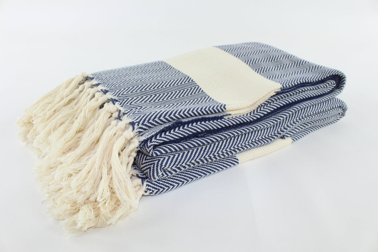 Premium Turkish Herringbone Blanket Throw (Dark Navy Blue)