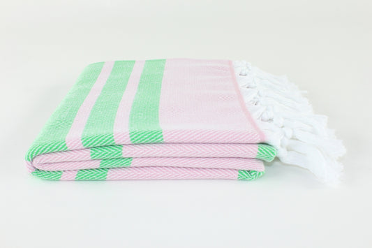 Premium Turkish Herringbone Striped Towel Peshtemal Fouta (Dusty Pink & Benetton Green)