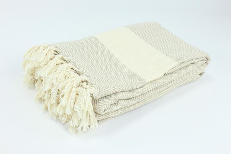 Premium Turkish Herringbone Blanket Throw (Beige)