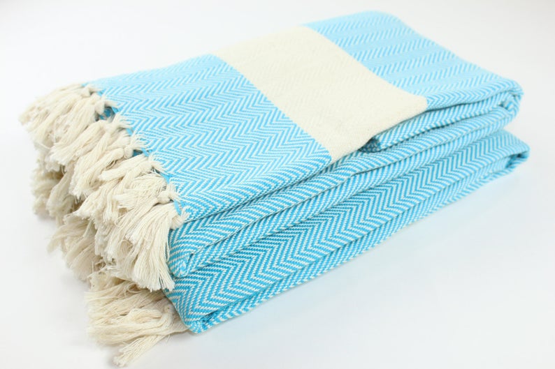 Premium Turkish Herringbone Blanket Throw (Turquoise Blue)