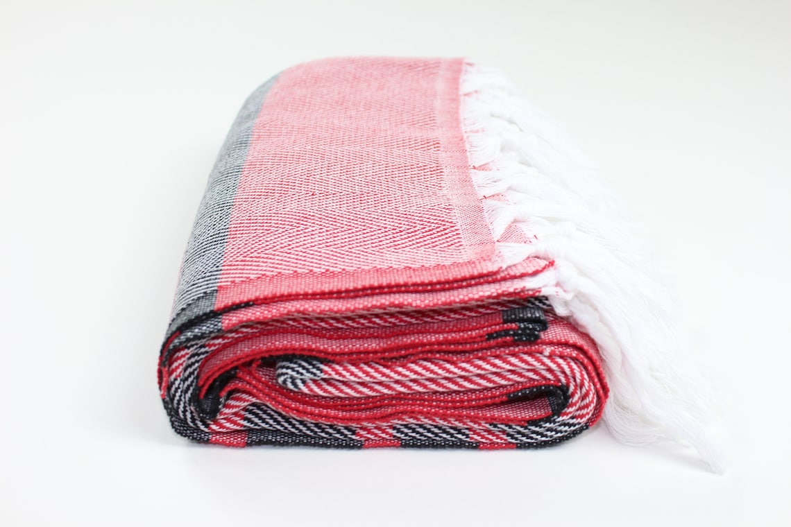 Premium Turkish Herringbone Striped Towel Peshtemal Fouta (Red & Black)