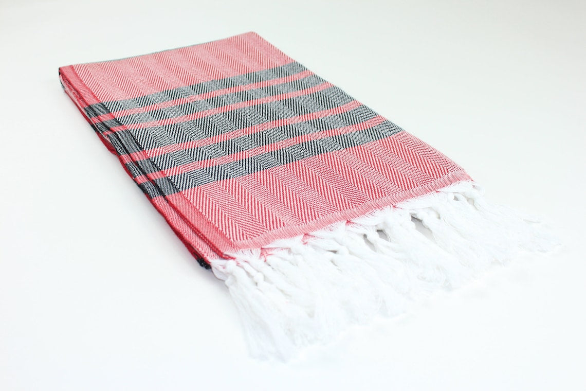 Premium Turkish Herringbone Striped Towel Peshtemal Fouta (Red & Black)