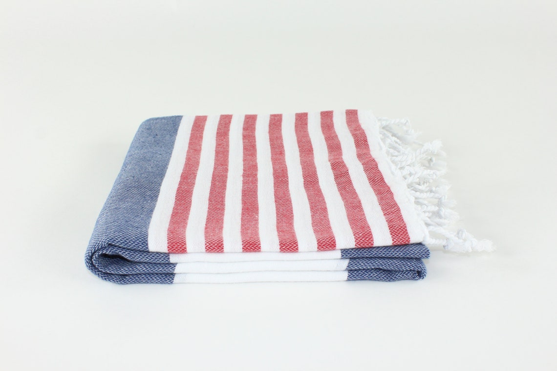 Premium Turkish Striped Towel Peshtemal Fouta (Red & Navy Blue & White)