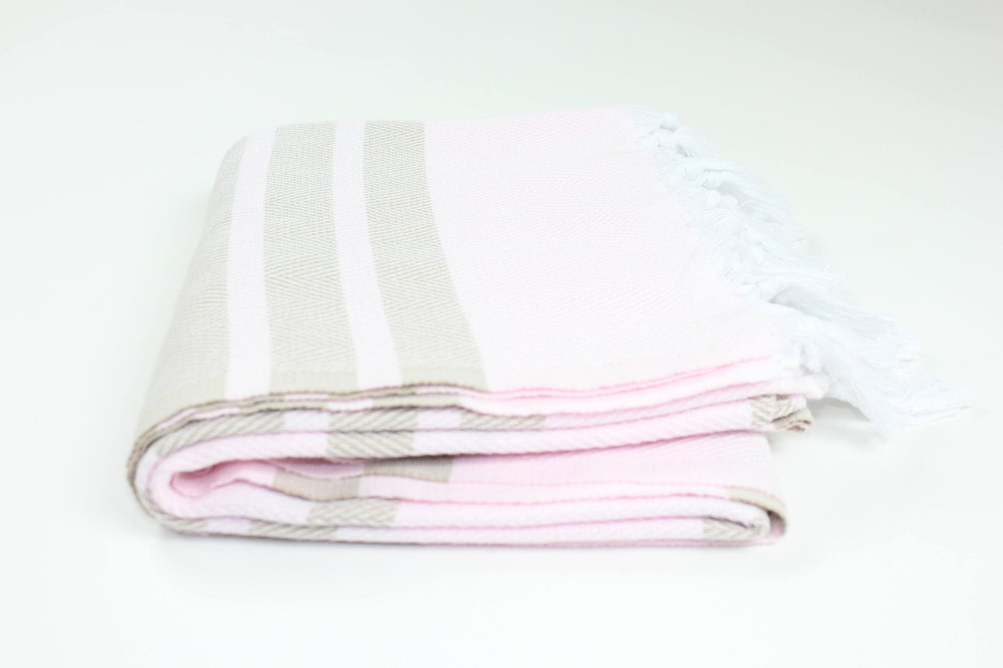 Premium Turkish Herringbone Striped Towel Peshtemal Fouta (Light Pink & Beige)