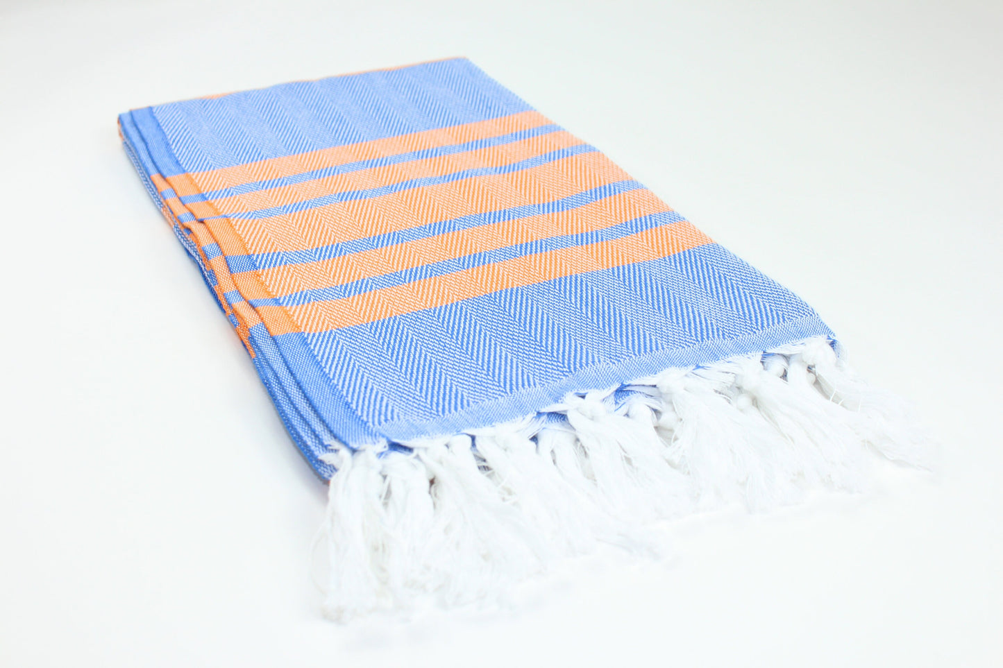 Premium Turkish Herringbone Striped Towel Peshtemal Fouta (Blue & Orange)