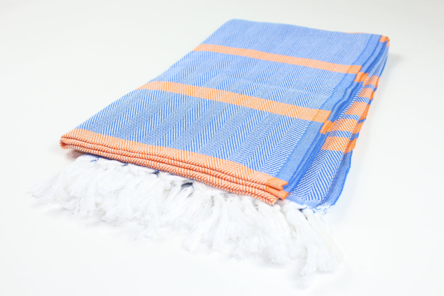 Premium Turkish Herringbone Striped Towel Peshtemal Fouta (Blue & Orange)