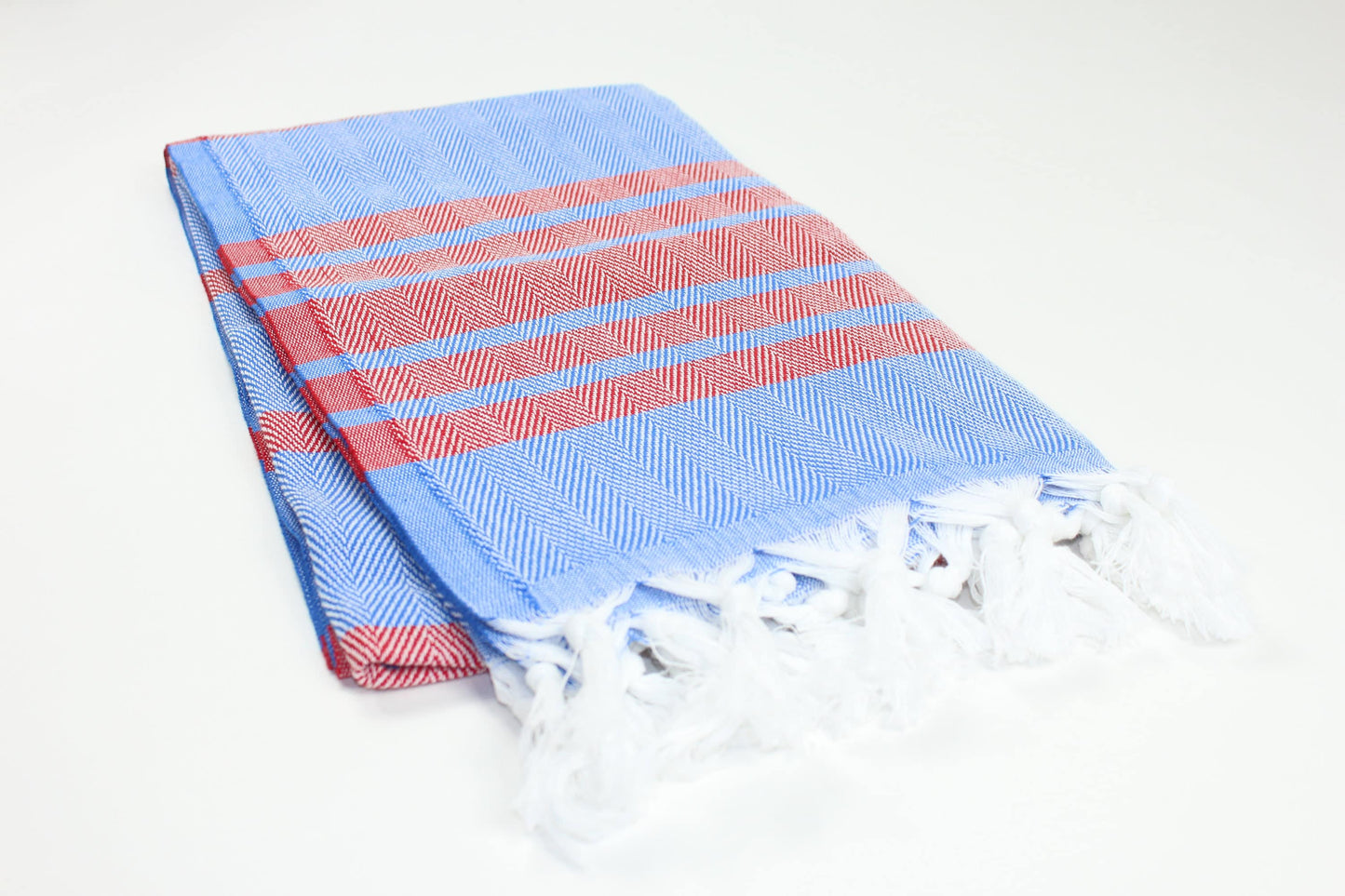 Premium Turkish Herringbone Striped Towel Peshtemal Fouta (Blue & Red)