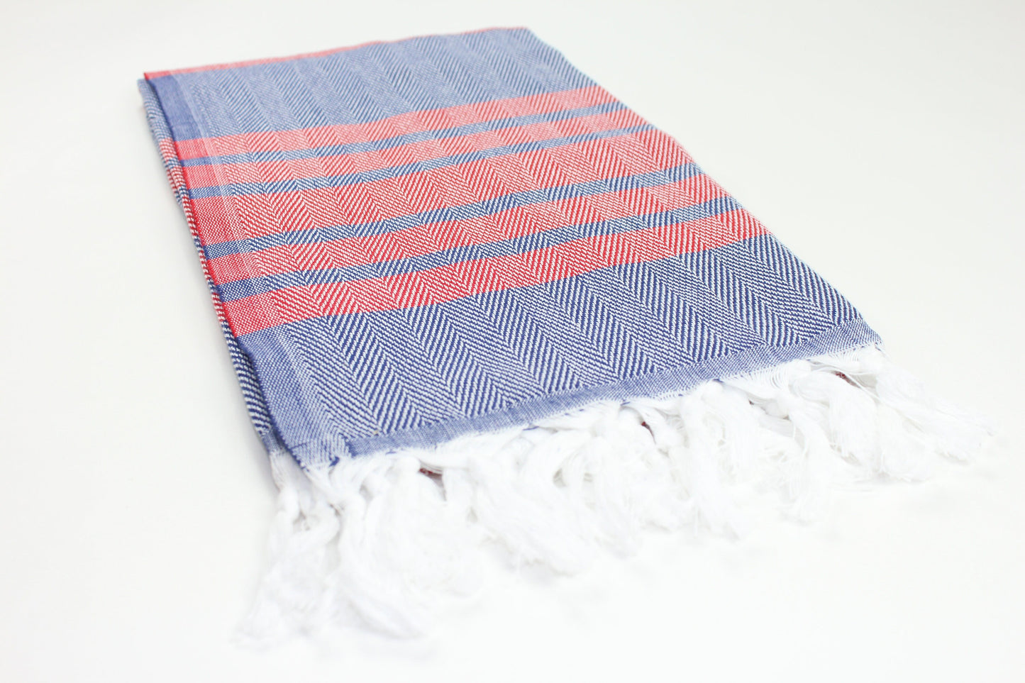 Premium Turkish Herringbone Striped Towel Peshtemal Fouta (Navy Blue & Red)