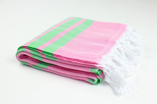 Premium Turkish Herringbone Striped Towel Peshtemal Fouta (Pink & Green)