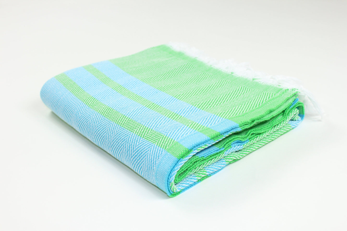 Premium Turkish Herringbone Striped Towel Peshtemal Fouta (Green & Blue)
