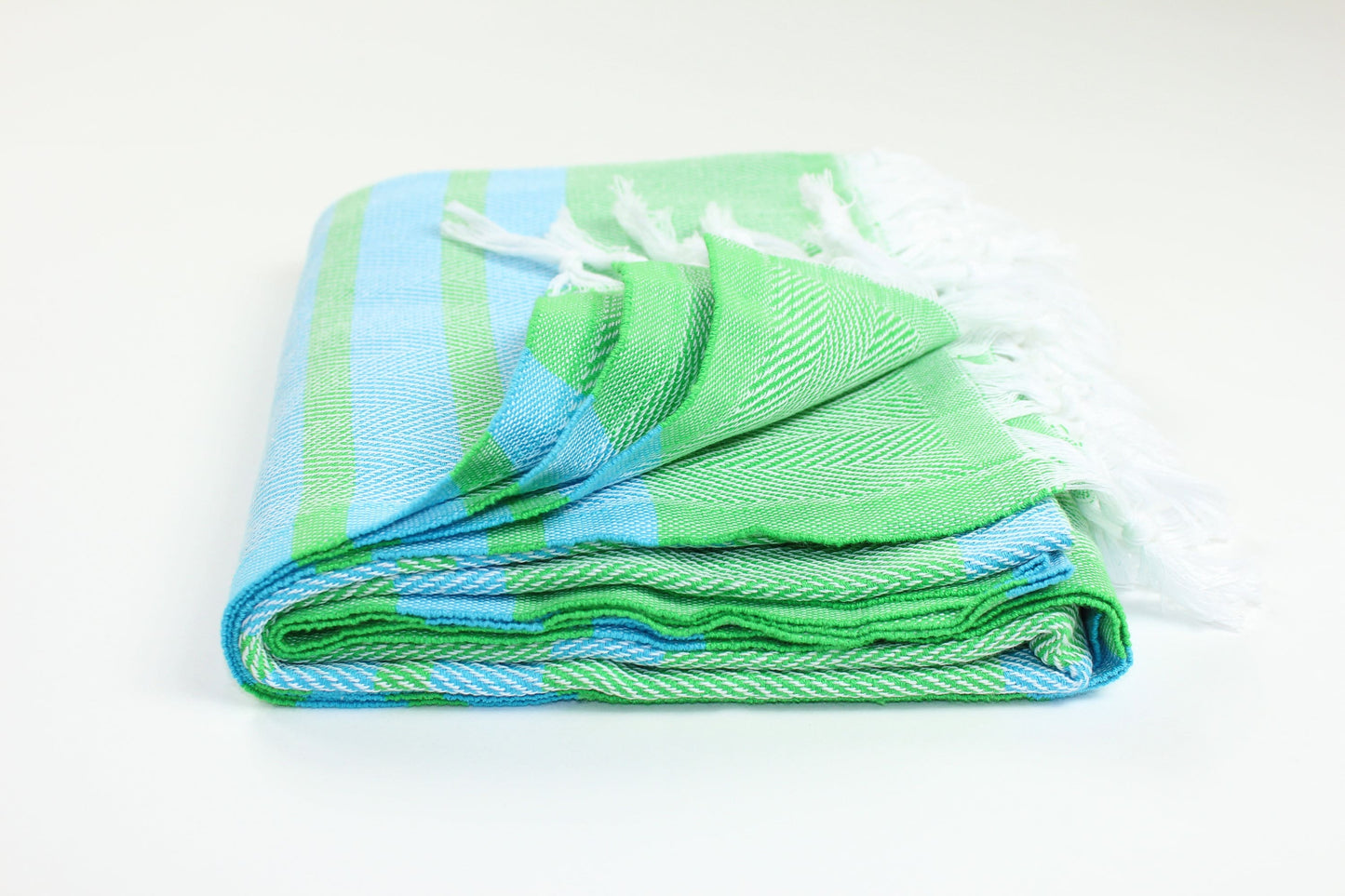Premium Turkish Herringbone Striped Towel Peshtemal Fouta (Green & Blue)
