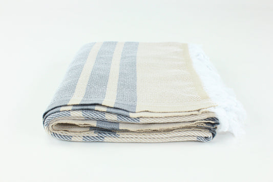Premium Turkish Herringbone Striped Towel Peshtemal Fouta (Beige & Gray)